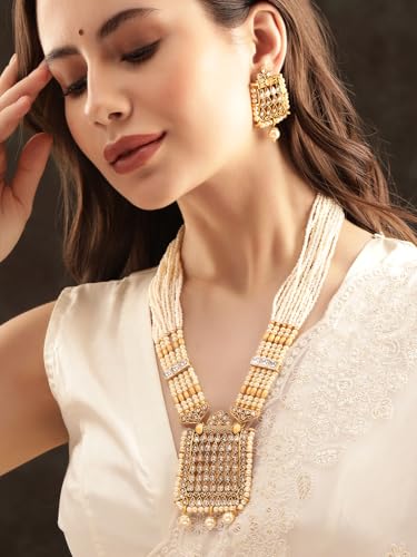 Image of Rubans Pearl Long Necklace Set Gold Plated Traditional Stylish Jewellery Gift for Women & Girls