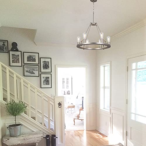 Osairuos Wagon Wheel Vintage 6 Lights Kitchen Island Rustic Pendant Chandelier Farmhouse Rod Iron Chandeliers Ceiling Light Fixture For Dining Living Room Cafe Hallways W22'' (Bulbs Included) Nickel #TOP2