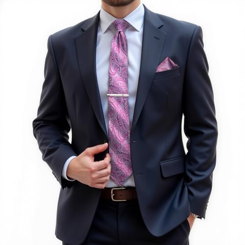 Image of DiBanGu Paisley Ties for Men Silk Necktie and Pocket Square Cufflinks Tie Clip Set Woven Classic Mens Tie for Wedding Party