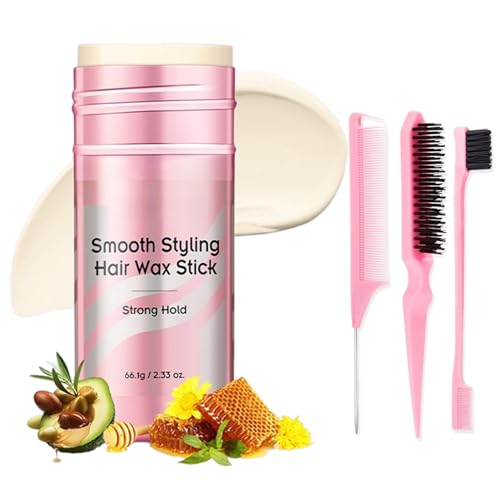 Virellay Haarwachs Stick mit 3 rosa Kämmen Styling Stick für Zähmung Flyaways nicht fettendes gepflegtes Haar Haarwachs Stick Anti-Frizz für Frau Mann