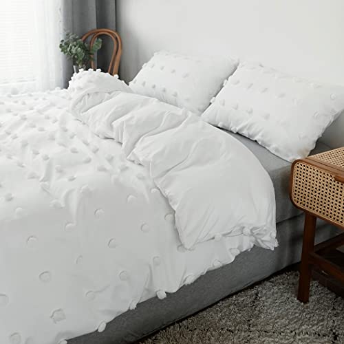 Lmonmoo White Tufted Dot Duvet Cover Queen Size,3 Pieces Boho Ultra Soft Jacquard Embroidery Shabby Chic Duvet Covers,Washed Microfiber Bedding Comforter Cover Set,All Season(Solid White, Queen) #TOP2