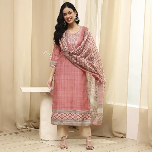 Image of BIBA Women Beige Cotton Machine Embroidered Unstitched Suit Set