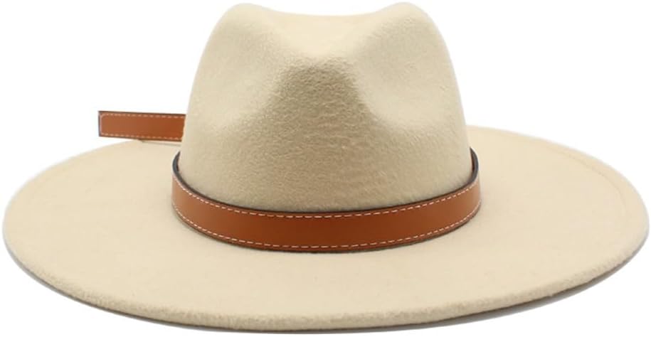 Classic Wool Fedora Hat, Beige with Brown Leather Band, Wide Brim Western Style, Vintage Casual Wear