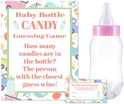 Baby Shower Bottle Game Candy Guessing Game with 11" Baby Bottle Bank and 30 Cards (Pink)