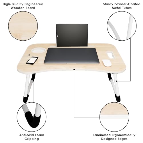 Image of Laptop Table with Dock Stand Wood Smart Standard Multi-Purpose Solid /Study Table /Bed Table /Foldable and Portable /Ergonomic & Rounded Edges /Non-Slip Legs /Engineered (White Maple)
