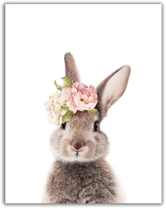 Arte de pared de guardería ~ Estampado de conejito ~ Decoración de dormitorio de niñas ~ Conejo con corona floral – Arte de pared de animales –
