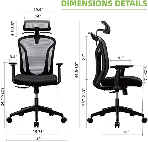 High Back Office Chair, Ergonomic Mesh Chair Home Desk Chair Adjustable Headrest, Executive Computer Chair With Hanger And Soft Foam Seat Cushion And Lumbar Support,Black #TOP2