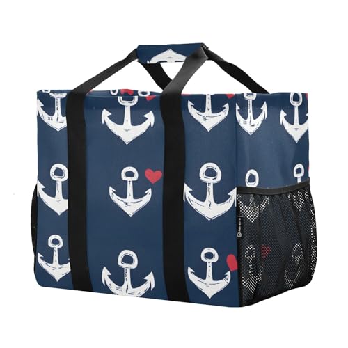 Large Waterproof Travel Tote Bag for Women Men, Sea Anchor Loves Heart Canvas Beach Bag with Lining & Pockets - Reusable Grocery/Laundry/Kitchen/Pool/Picnic Tote (15.4x9.8x12.8in)2