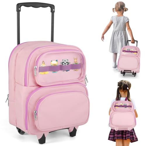 RZYLKA Detachable Kids Rolling Backpack Storage for Toniebox, Multifunctional Travel Backpack with Wheels for Toniebox and Tonies Figures Storage carrying case for Boys or Girls (Pink)