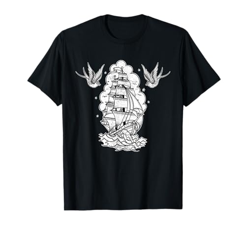 Old School Sailor Tattoo Clipper Ship and Swallows T-Shirt