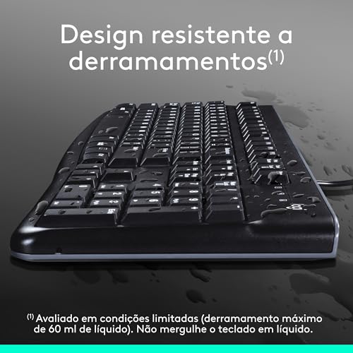 Teclado com fio USB Logitech K120, Resistente à Respingos, Barra de Espaço Curva, Compatível com PC e Notebook, Layout ABNT2 glide
