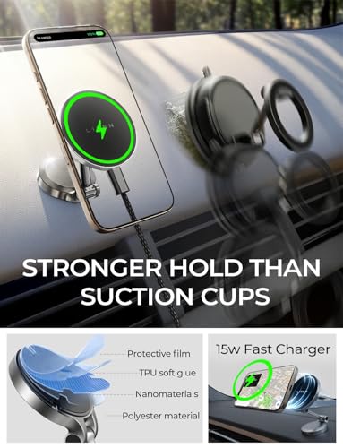LISEN Magsafe Car Mount Charger, 15W Fast Charging Magnetic Wireless Car Charger [Mini & Fast Charging], 2025 Ultra Magnetic Car Phone Holder Dashboard for iPhone 17 Pro Max Air 16 15 14 Pixel,Samsung
