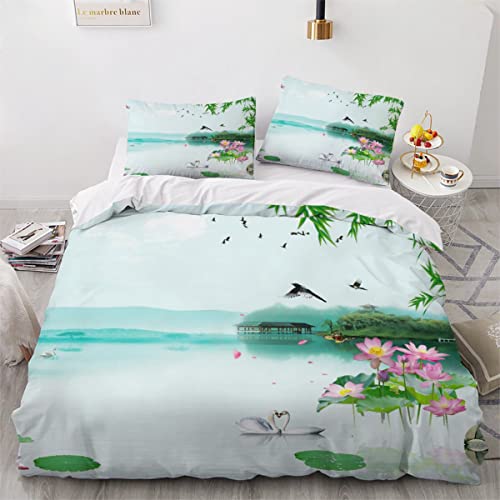 Lolosale Natur Bettwäsche 135x200 Atmungsaktive Weiche Mikrofaser Seenlandschaft Bettbezug mit ReißVerschluss Sommer 3 Teilig Bettwäsche Set Für Kinder Bettbezüge und 2 Kissenbezug 80x80 cm