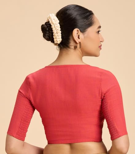 Image of Studio Shringaar Women's Thick Handloom Cotton Plain Side Stretch (Smocked) Readymade Saree Blouse