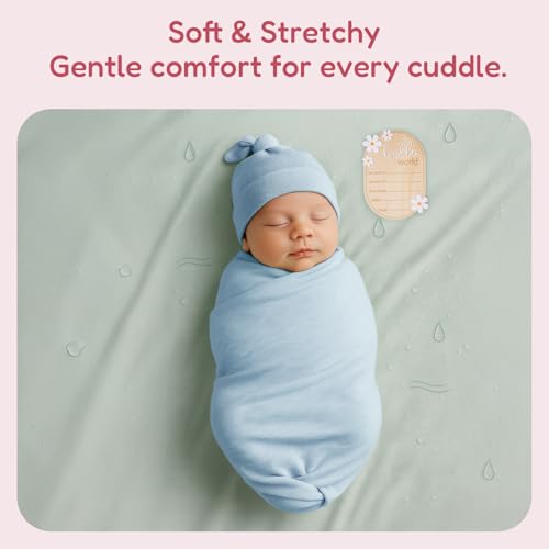 Image of Stretchy Swaddle Blanket for Newborns with Hat & Hello World Card-Soft Baby Swaddles 0-3 Months,47 inchx 47 inchSupersoft Swaddle Blanket,Receiving Blanket for Boys & Girls (Baby Blue)