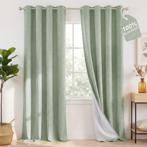 Image of NICETOWN 100% Blackout Linen Sage Green Curtains 96 inches Long, White Liner Composite Grommet Thermal Drapes Home Decor Window Treatments for Bedroom /Living Room, W52 x L96, 2 Panels