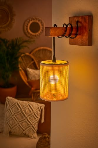 Image of AKWAY Rattan wall Lamps for Living Room | Bamboo wall Lights for Bedroom | Cane wall scones for Home Decoration (Bulb Not Included) (Rattan Square Webbing Hang)