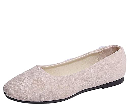 Hee grand Women's Pointy Toe Slip On Solid Comfortable Ballet Shoes Square Mouth Flats Shoes Beige