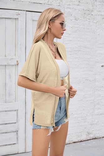 Image of Iandroiy Women's Lightweight Open Front Cardigans Casual Short Sleeve Blouse Tops