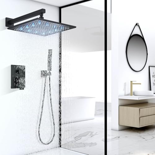 12 inches LED Rainfall Shower Head with Brass Handheld Rain Shower System Shower Faucets Sets Complete or Bathroom Rough-in Valve Body and Trim Included Matte Black