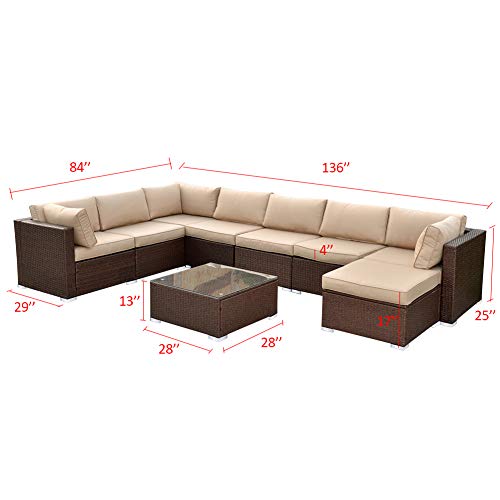 Sunvivi Outdoor 9 Piece Outdoor Patio Furniture Sets, All Weather Brown Pe Wicker Furniture Set, Patio Sectional Conversation Sofa Set With Coffee Table, Removable Beige Cushions #TOP4
