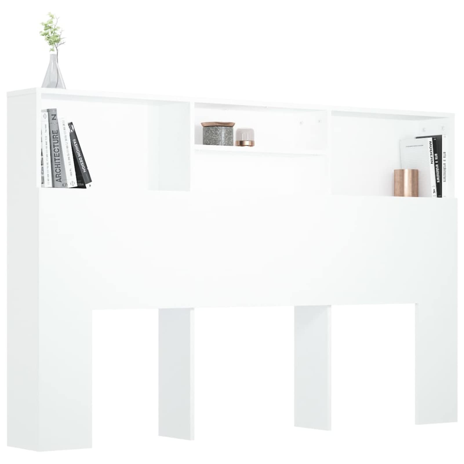 Norheim Mueble Cabecero Armario de Cama con 4 Compartimentos, Cabeceros Cama Madera con Almacenaje Pared Pared Dormitorio Estantería Habitación Libros Decoraciones Blanco 160x19x103,5 Cm