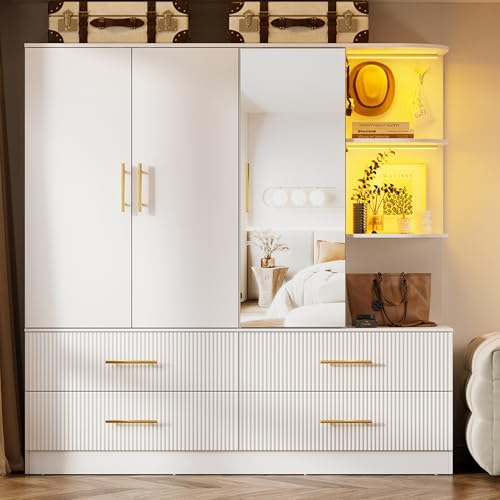 PAKASEPT 3 Door Armoire Wardrobe Closet 70.87 H Bedroom Armoires with Drawers Mirror LED Light Hanging Rod Side Hooks Large Capacity Storage Wardrobe Armoire for Bedroom
