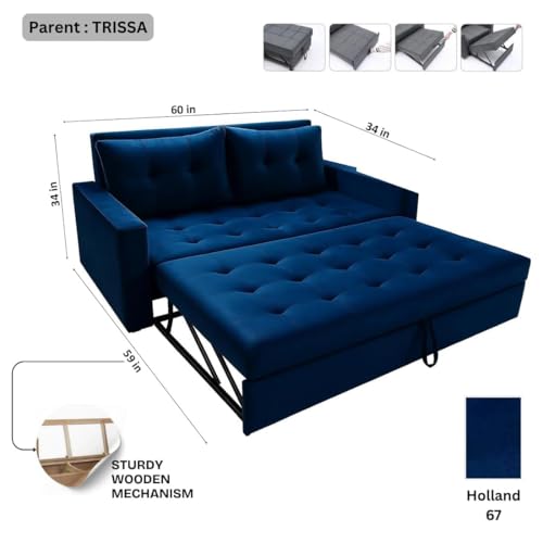 Image of FURNY Tressa 2 Seater Fabric Easy Pull-Out Sofa Cum Bed (Dark Blue) Premium Velvet Finish | Durable Comfort | Ideal for Living Room, Bedroom
