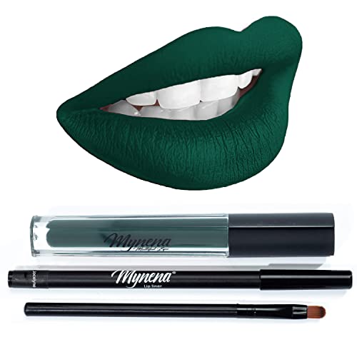 Mynena Dark Green Matte Lipstick and Lip Liner with Lip Brush Kit