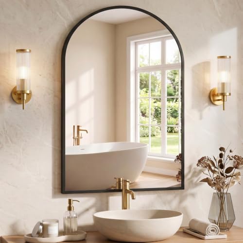 Image of NEWBULIG 26X38 Inch Arched Bathroom Mirror for Wall, Vanity Bathroom Mirrors for Over Sink Tempered Glass, Anti-Rust Arched Metal Framed, Hangs Horizontally or Vertically, Farmhouse Home Decor, Black