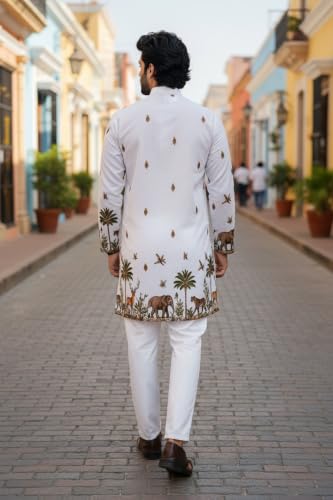 Image of Trustous Men's White Printed Kurta | Stylish Ethnic Wear Kurta for Men | Regular Fit Traditional Kurta | Festive, Wedding, Party & Casual Wear