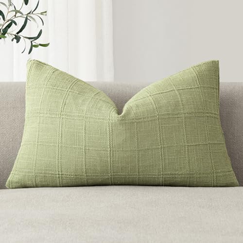 Image of Foindtower Set of 1 Decorative Linen Check Throw Pillow Cover Neutral Farmhouse Lumbar Cushion Cover Modern Boho Accent Home Decor for Sofa Chair Couch Bedroom Living Room,12x20 Inch,Light Green