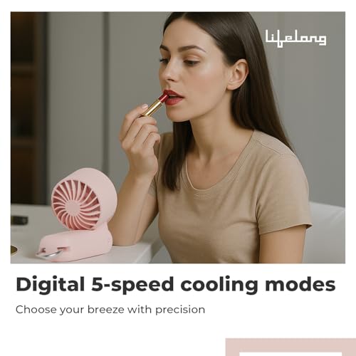 Image of Lifelong Hand Fan with Ice Touch | Portable & Foldable Rechargeable Fan with 2000mAh Battery, 5 Speed Settings,Type-C Charging, Powerful Cooling, Start with Long Press, Non-Slip Base, Travel Friendly