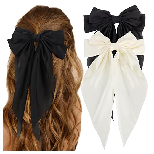 ATODEN Silky Satin Hair Bows 2 Pcs Big Hair Bows for Women Hair Ribbons Oversized Long Tail White Hair Bow Black Hair Bow Large Hair Barrettes for Women French Soft Ribbon Barrettes Metal Clips Bowknot Aesthetic Hairclips Cute Hair Accessories for Women Girls
