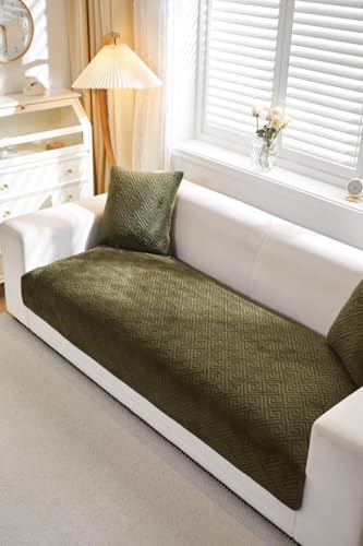 Image of HOMETHREADS Innovative Premium Velvet Sofa Cover Mat with PVC Backing for Non-Slip Comfort | (Olive Vrsh, 2 Seater Small | 70x120cm)