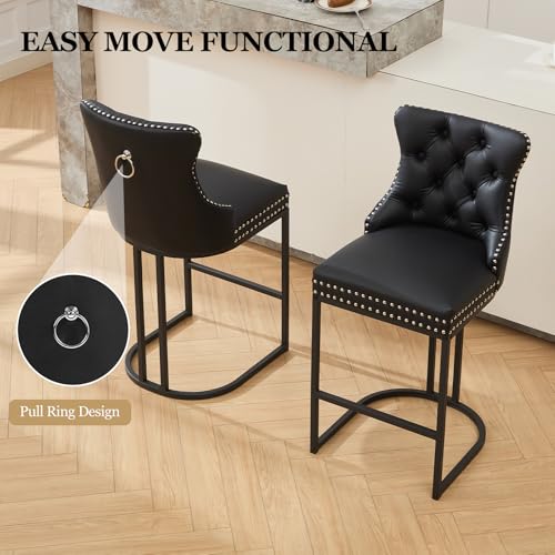 Image of UVV Counter Height Bar Stools Set of 1, 26 inch Modern Barstools with Back, Faux Leather Upholstery Counter Chairs with Metal Legs for Kitchen Island, Bar, Counter, Black