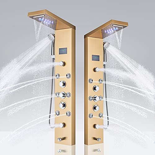 YAGATAP LED Shower Panel Tower System,Bathroom 6-Function Shower Tower,Rain Massage Full Body Shower System with Jets,Hydroelectricity Display LED Rainfall Waterfall Shower Head,Gold 
