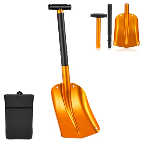 Snow Shovel,Profiwoab 3 in 1 Snow Shovel Heavy Duty Retractable Solid, Portable Aluminum Alloy Snow Shovel for Snow Removal, Garden, Car, Camping Detachable Winter Large（Orange）