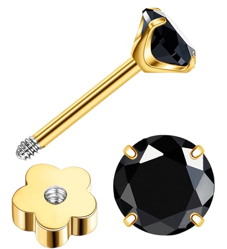 Enticera 3mm Handmade G23 Titanium Flat Back Earrings 14k Gold Plated Small 5A+CZ Cartilage Earrings Studs Hypoallergenic Screw Back Nap Earrings Women Helix Tragus Piercing Jewelry Black