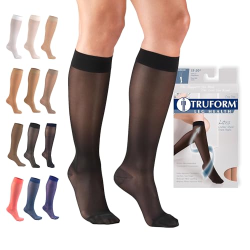 Image of Truform Sheer Compression Stockings, 15-20 mmHg, Women's Knee High Length, 20 Denier, Black, Small