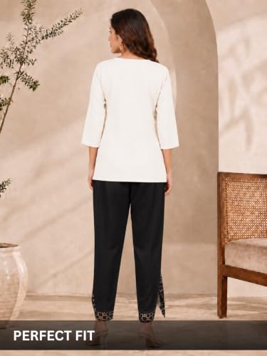 Image of Leriya Fashion Trousers for Women | Cotton Ethnic Palazzo Pants with Lace Embroidery | Elastic Waist Wide Leg Casual Women Trousers | Comfortable Summer Woman Trouser Pants