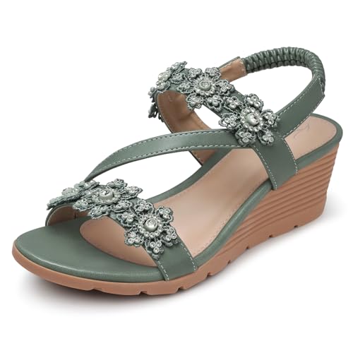 Image of SHIBEVER Wedge Sandals for Women Dressy: Summer Open Toe Low Platform Wedges Sandals Elastic Ankle Strap Flower Comfortable Casual Shoes
