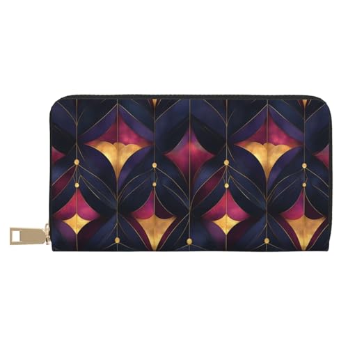 Leather Thin Slim Wallets for Women & Men - Purple and Gold Pattern Print Card Wallet Holder with Zipper