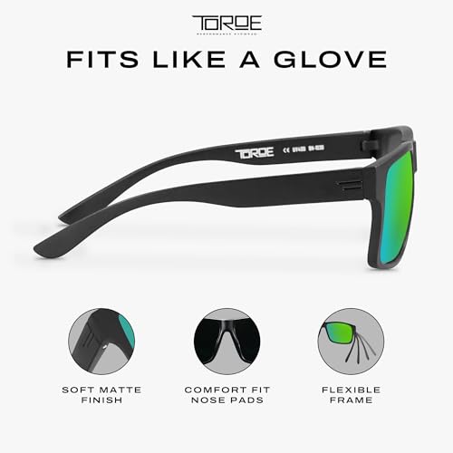Image of TOROE TR90 Square Frame Sunglasses, Matte Black, Midnight Green | Grade A Polarized, Black Emblem, Anti Reflective, Water Repellent, Polycarbonate Lenses