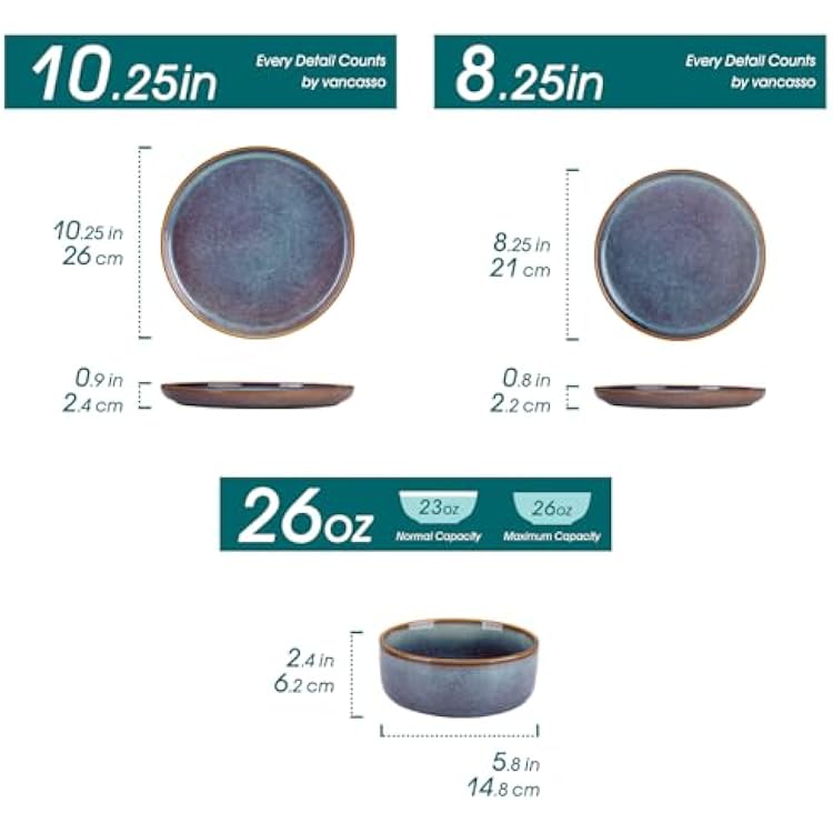 vancasso PLAYA Plates and Bowls Sets, 12 Pieces Grey-Blue Dinnerware Sets for Kitchen, Reactive Glaze Dishes Set for 4, Dishwasher and Microwave Safe