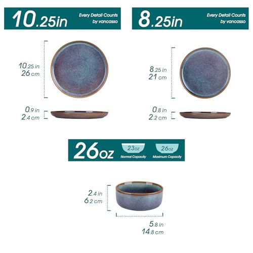 vancasso PLAYA Plates and Bowls Sets, 12 Pieces Grey-Blue Dinnerware Sets for Kitchen, Reactive Glaze Dishes Set for 4, Dishwasher and Microwave Safe - Thumbnail 2