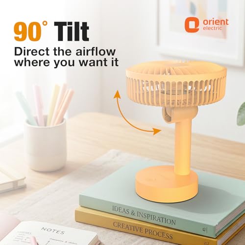 Image of Orient Electric Elfie Rechargeable Personal Fan | 90 Adjustable Airflow | 1800 mAh Battery | 4 Speed Modes | Quiet Operation | USB Type-C Charging | Compact Mini Fan | Tangerine Orange