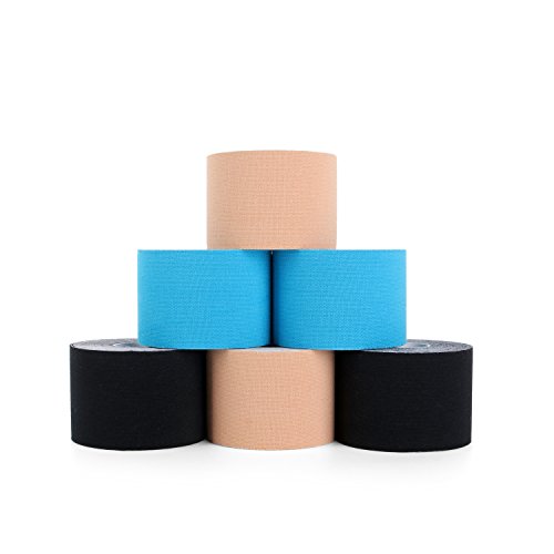 SUPERBE Cinta de Kinesiología (Paquete de 6), Cinta elástica terapéutica para Deportes atléticos, Alivio del Dolor, recuperación y Fisioterapia, 5 cm x 5 m (2 Negro, 2 Beige, 2 Azul)
