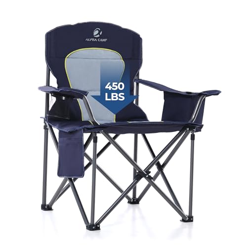 GREEN PARTY Oversized Folding Camping Chairs High Back Heavy Duty Padded Lawn Chair for Adults Support up to 450lbs with Cup Holder, Side Pocket Cooler Bag, Blue