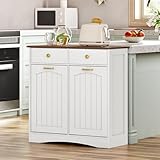 HOOBRO Double Tilt Out Trash Can Cabinet, Hidden Trash Bin Storage with 2 Drawers, Freestanding Kitchen Island Cabinet, for Kitchen, Laundry Room, White and Walnut WH22LJ01US